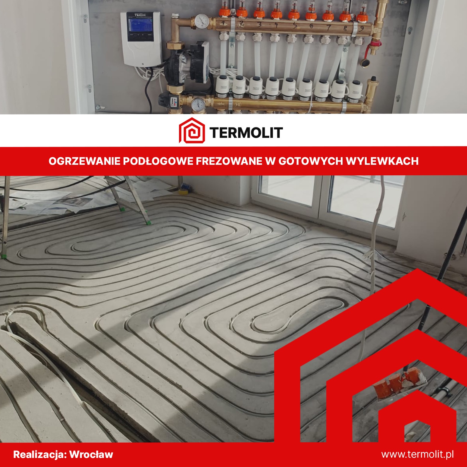 Rozdzielacz ogrzewania podłogowego z regulacją, widok na frezowane rowki w wylewce pod ogrzewanie podłogowe, częściowo zasłonięte folią, drabina oparta o ścianę.