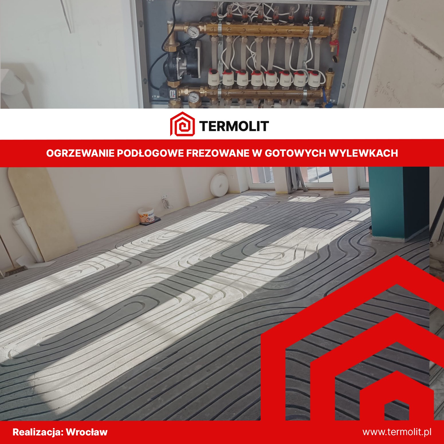 Rozdzielacz instalacji ogrzewania podłogowego zamontowany na ścianie, widoczne frezowane rowki w gotowej wylewce pod rury ogrzewania podłogowego, częściowo oświetlone promieniami słonecznymi.