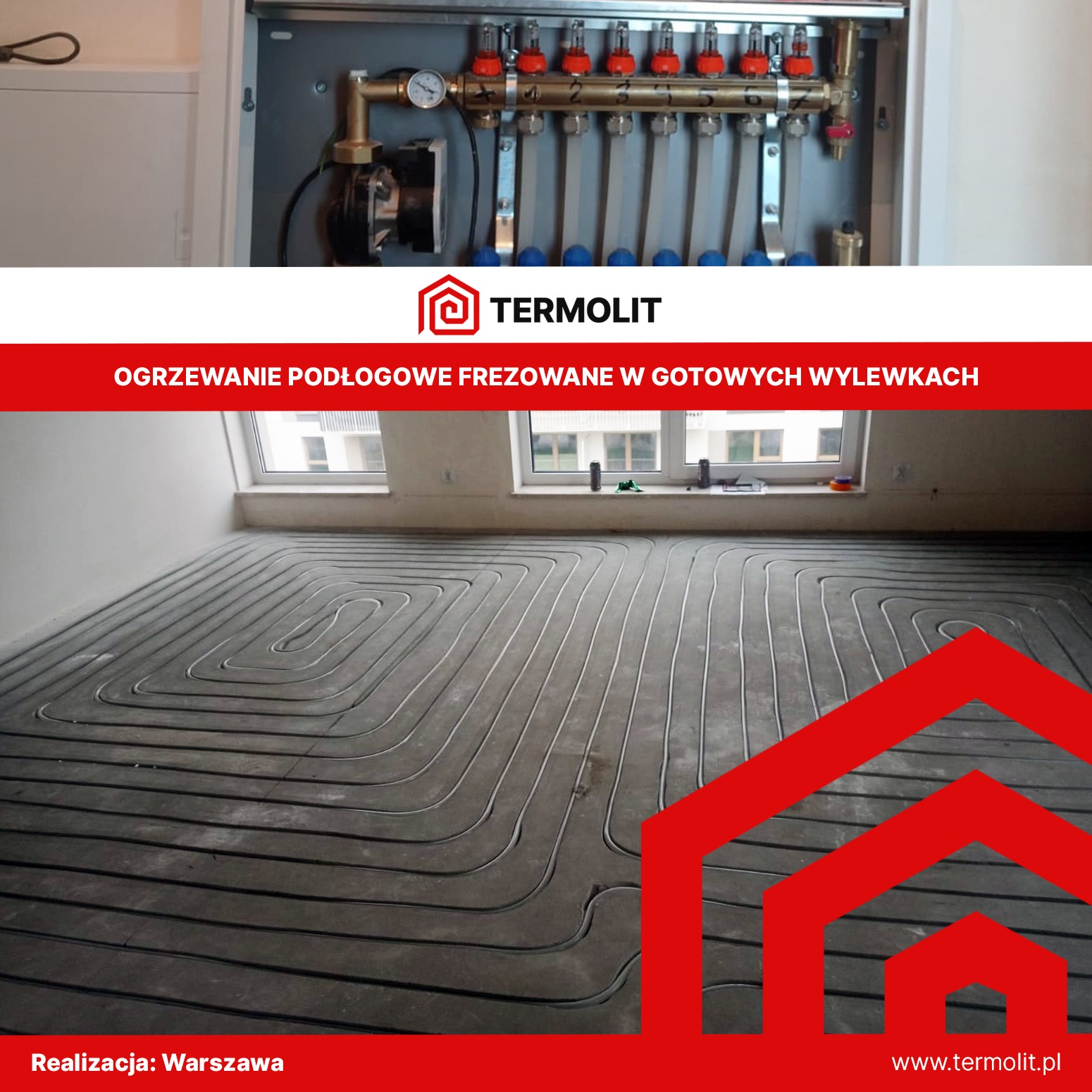 Rozłożone rury ogrzewania podłogowego w szarej wylewce, widoczny rozdzielacz z zaworami i manometrem, okno w tle z widokiem na budynek.