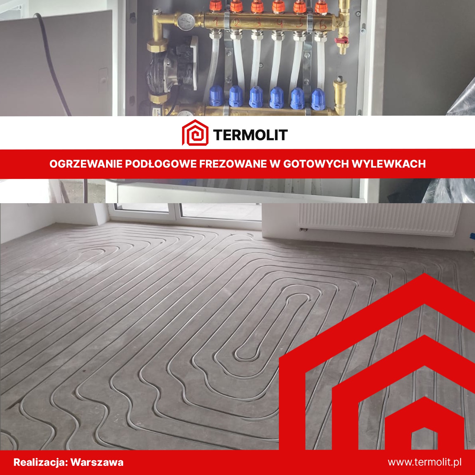 Rozdzielacz ogrzewania podłogowego zamontowany w szafce oraz frezowane kanały w wylewce pod rury ogrzewania podłogowego, widok z góry.