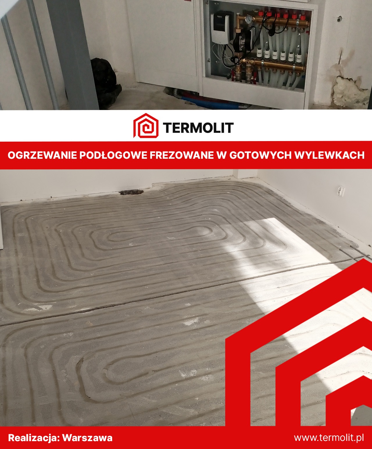 Frezy w gotowej wylewce pod rury ogrzewania podłogowego, widoczna szafka rozdzielcza z osprzętem hydraulicznym i elektrycznym.