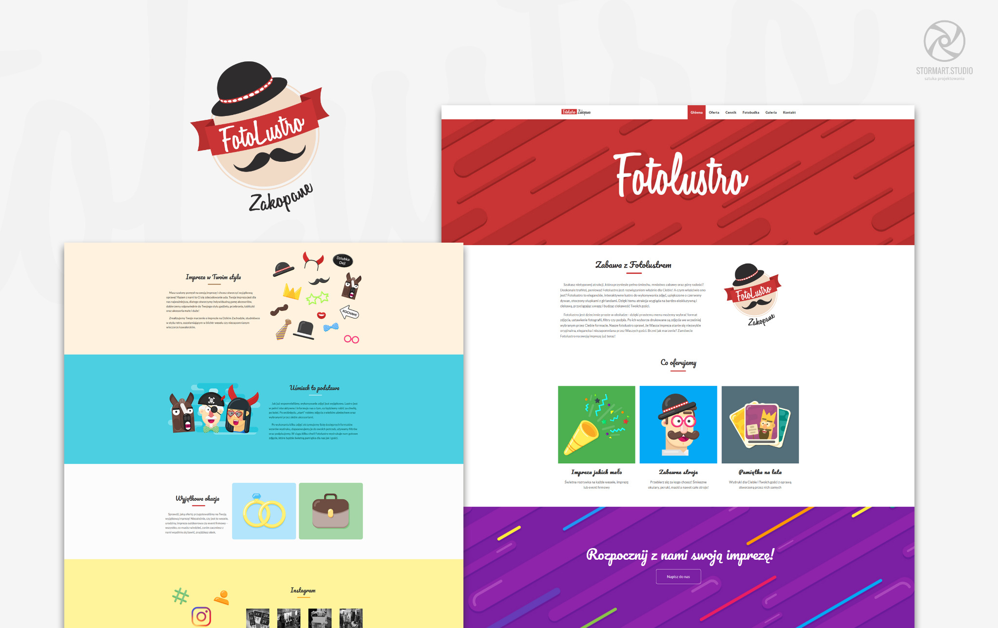 Projekt strony internetowej firmy Fotolustro Zakopane, prezentujący ofertę fotobudki z zabawnymi rekwizytami i możliwością personalizacji wydruków, z elementami identyfikacji wizualnej i hasłem...