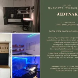 Kompozycja zdjęć wnętrz: pokój z biurkiem i szafami w bieli, przedpokój z wieszakami i siedziskiem, pokój dziecięcy z niebieskim oświetleniem LED, oraz reklama firmy remontowej z hasłem 'Twoja...