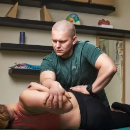 Mężczyzna w zielonej koszulce uciska biodro pacjentki leżącej na zielonym stole do masażu, w tle półki z modelami anatomicznymi i szkielet człowieka.