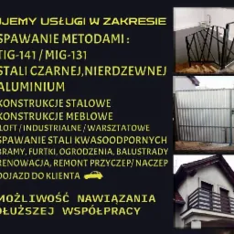 Kompilacja zdjęć: czarne balustrady schodowe w stylu loft, ocynkowana brama wjazdowa z furtką oraz balkon z drewnianą balustradą przy białym domu z dwuspadowym dachem.
