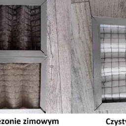 Porównanie: używane filtry wentylacyjne (po lewej) po sezonie zimowym, z widocznymi zanieczyszczeniami, oraz nowy, czysty filtr (po prawej) z białym wkładem i metalową siatką, leżące na drewnianej...