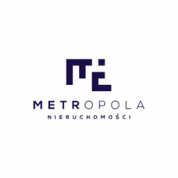 Logo firmy Metropola Nieruchomości, z abstrakcyjnym symbolem graficznym w kolorze granatowym nad nazwą firmy.