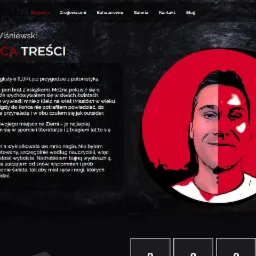 Strona internetowa z portretem autora, sekcja 'Twórca Treści' z tekstem o literaturze i doświadczeniach.