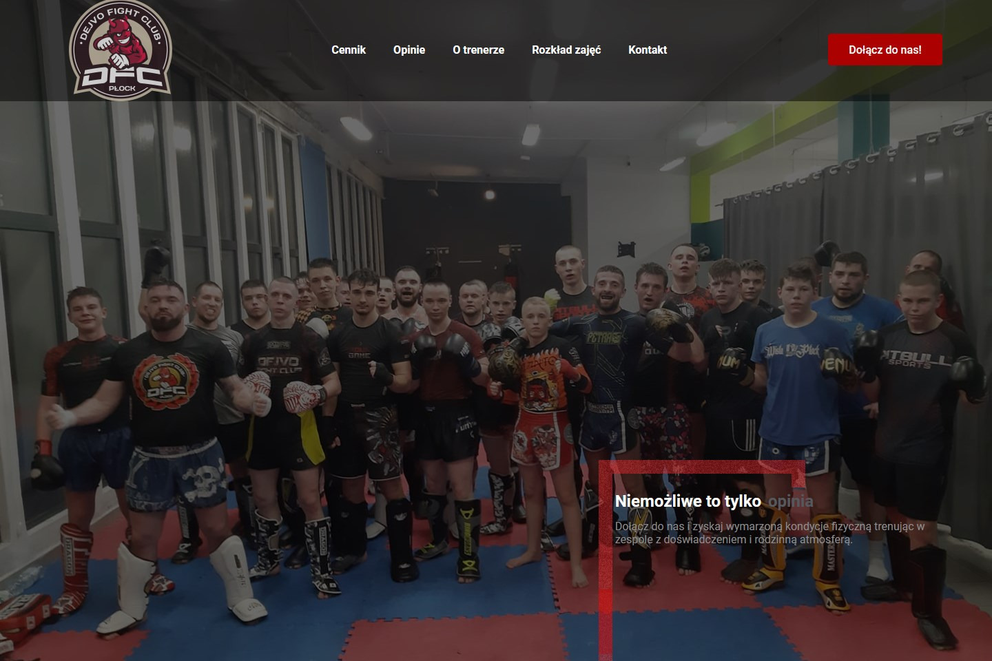 Strona internetowa klubu sportów walki Dejvo Fight Club z widoczną grupą zawodników i trenerów na tle sali treningowej.