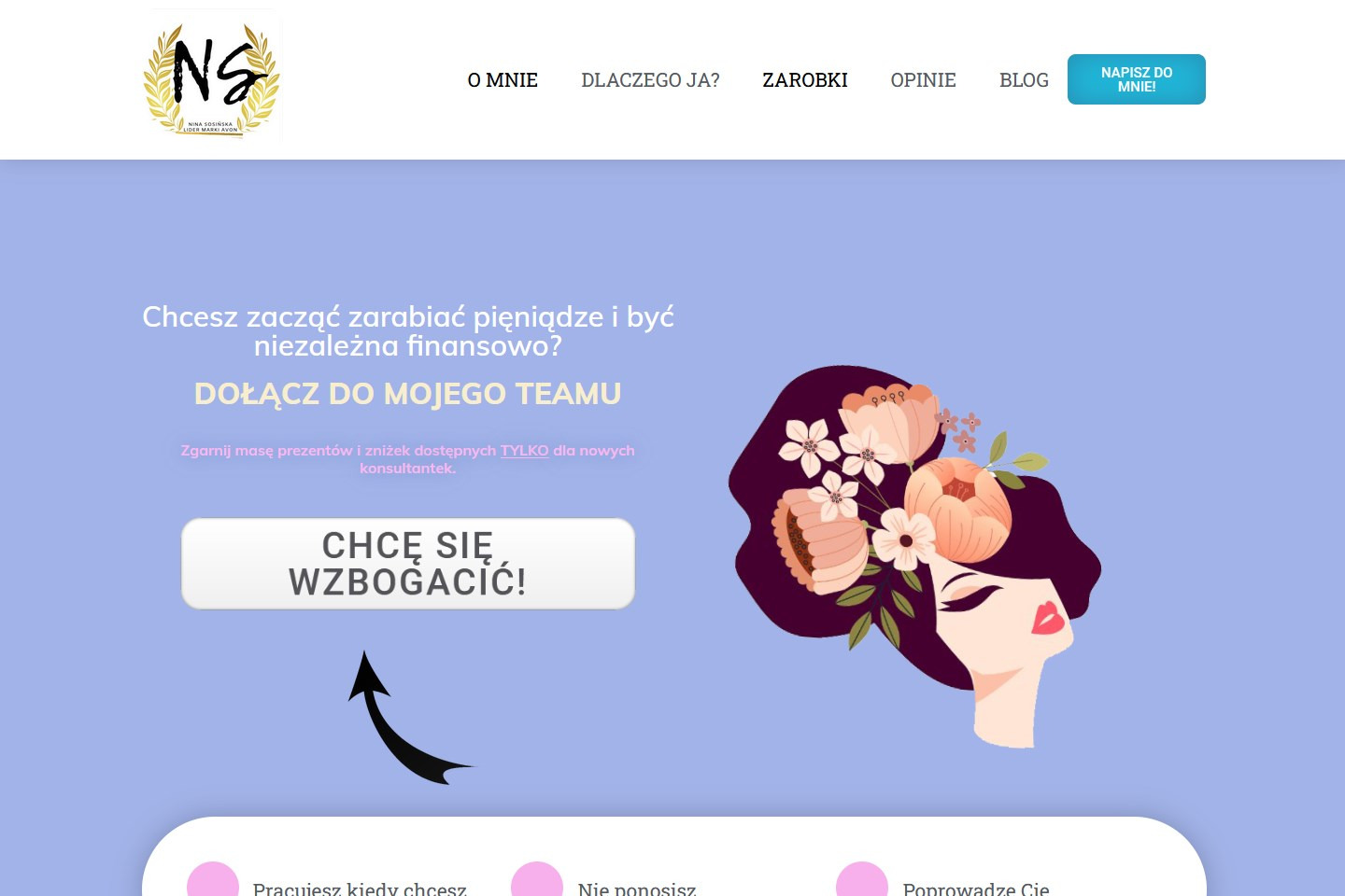 Grafika strony internetowej z motywem zarabiania pieniędzy i dołączenia do zespołu, z ilustracją kobiety z kwiatami we włosach i wezwaniem do działania.