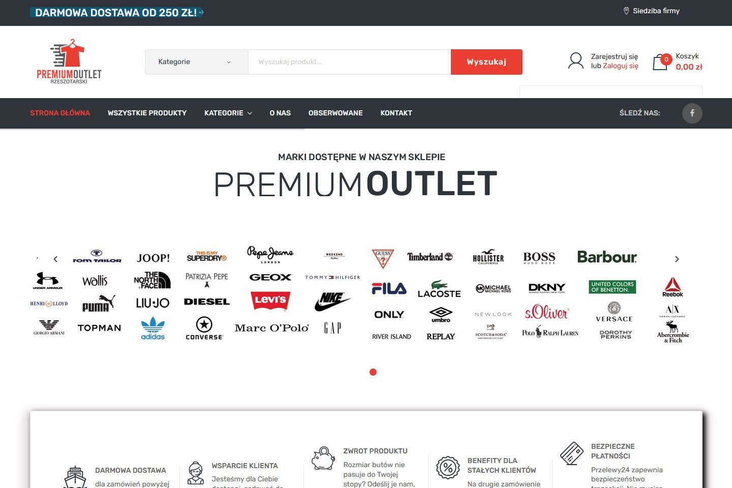 Strona główna sklepu internetowego Premium Outlet z widocznymi logotypami dostępnych marek odzieżowych.