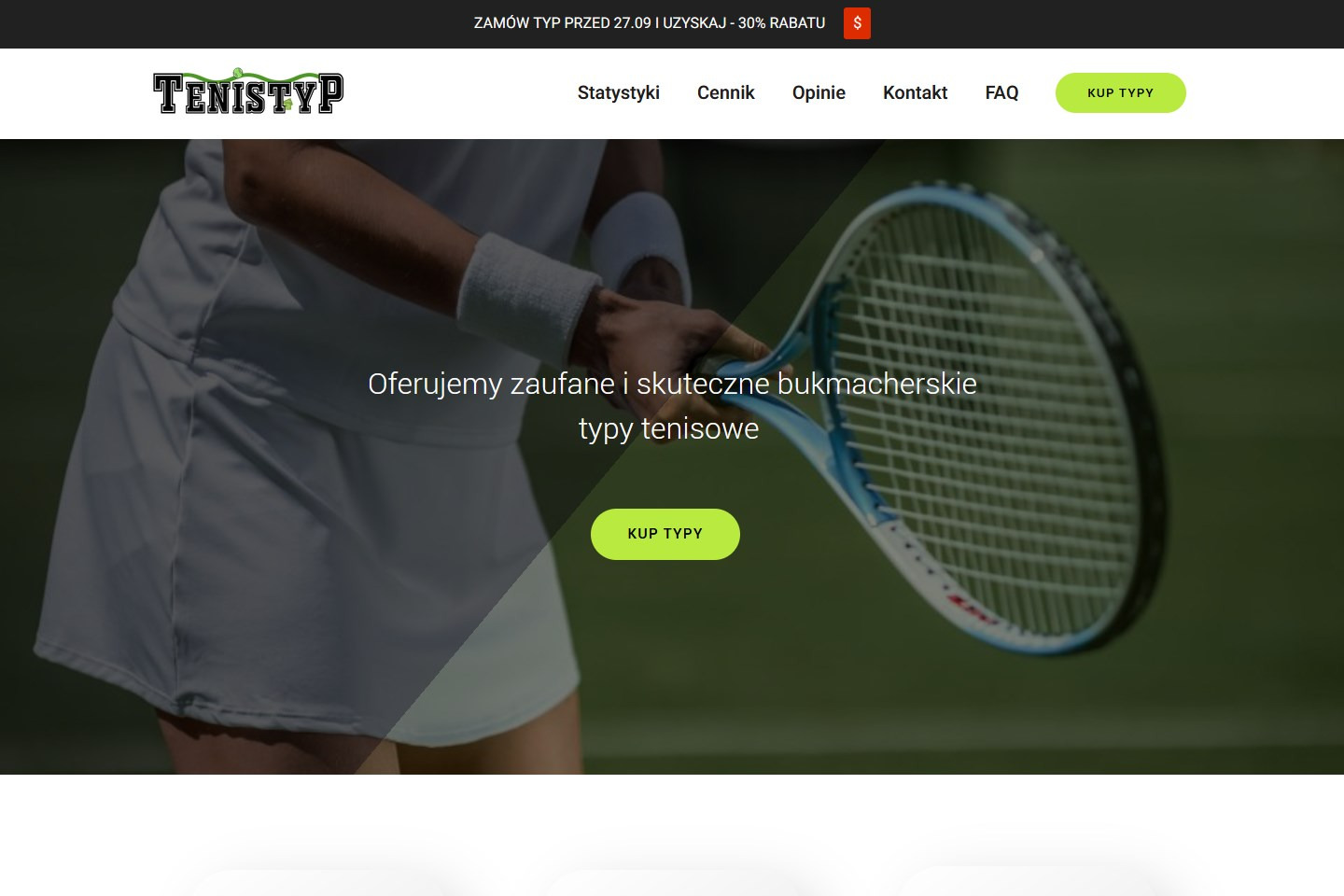 Strona internetowa z ofertą bukmacherskich typów tenisowych, widoczna dłoń trzymająca rakietę tenisową.