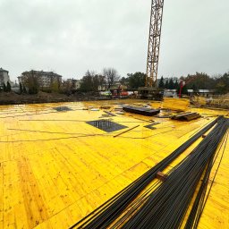 ALEXBUD ALIAKSEI MATSKEVICH - Żółte szalunki na budowie z widoczną stertą prętów zbrojeniowych i żurawiem w tle, pochmurny dzień.