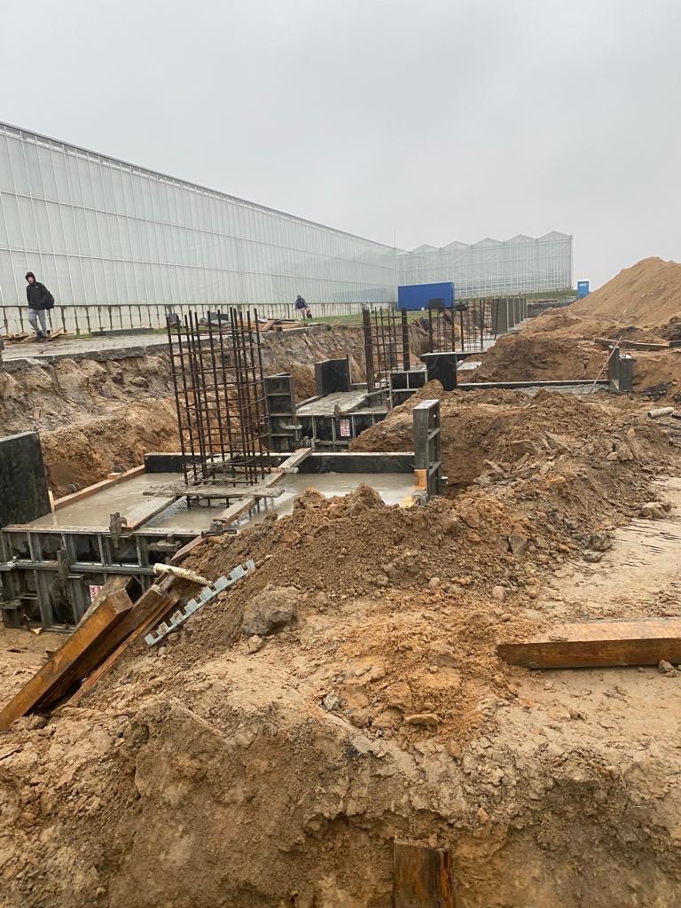 Przygotowanie fundamentów pod budynek z widocznym zbrojeniem i szalunkami na placu budowy, w tle szklarnia.