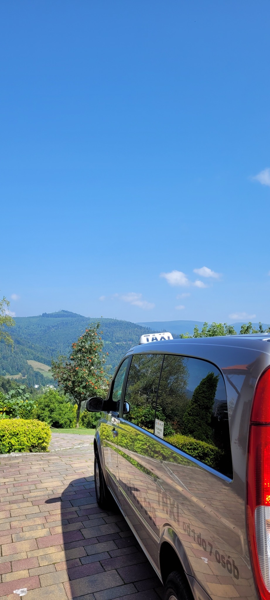 Srebrny van taxi z napisem 'TAXI' na dachu, zaparkowany na brukowanym podjeździe z widokiem na zalesione wzgórza i błękitne niebo.