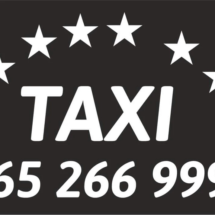 Czarno-białe logo taksówki z siedmioma gwiazdami nad napisem TAXI i numerem telefonu poniżej.