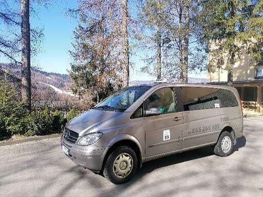Szary van Mercedes-Benz Vito z oznaczeniem TAXI i numerem bocznym 53 na tle górskiego krajobrazu i budynku z drewnianymi elementami.