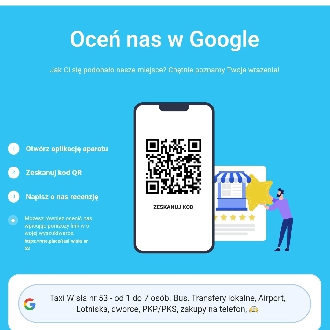 Grafika zachęcająca do oceny Taxi Wisła w Google, z instrukcją skanowania kodu QR i linkiem do recenzji.