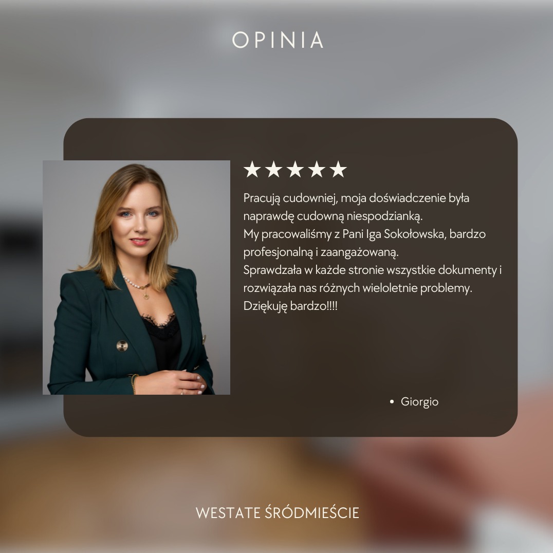 Opinia klienta z portretem agentki nieruchomości Igi Sokołowskiej, ocena pięć gwiazdek, tekst rekomendacji: 'Pracują cudowniej, moja doświadczenie była naprawdę cudowną niespodzianką'.