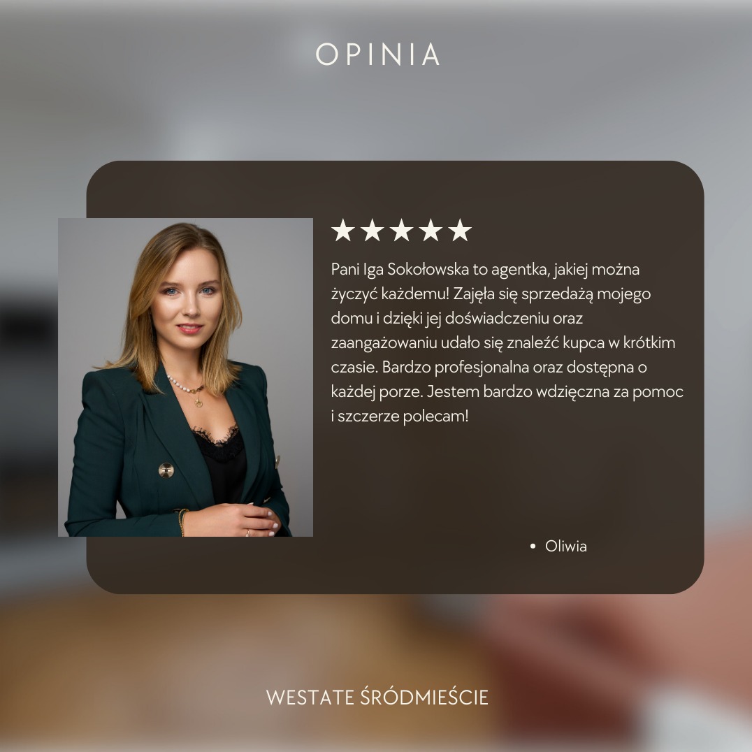 Referencja dla agentki nieruchomości Igi Sokołowskiej z pięcioma gwiazdkami, w formie grafiki z jej portretem i tekstem opinii Oliwii.