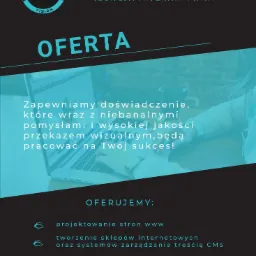 Plakat reklamowy agencji interaktywnej Web Vision.Art z ofertą projektowania stron www, tworzenia sklepów internetowych, logo i projektów graficznych, z laptopem w tle i dłonią użytkownika...