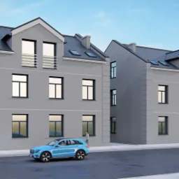 Wizualizacja dwóch trzypiętrowych budynków mieszkalnych z szarymi elewacjami, balkonami z metalowymi barierkami i ciemnymi dachami, z zaparkowanymi samochodami: niebieskim SUV-em i zielonym sedanem...