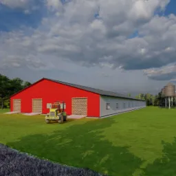 Wizualizacja hali z czerwonymi ścianami, szarym dachem i zielonym traktorem na trawniku, w tle zbiornik na wodę i drzewa pod błękitnym niebem z chmurami.