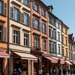 Piotr Waszkiewicz - Kolorowe kamienice z oknami i markizami w słoneczny dzień. Brukowana ulica i przechodnie dodają uroku miejskiej scenerii. Architektura Starego Miasta.