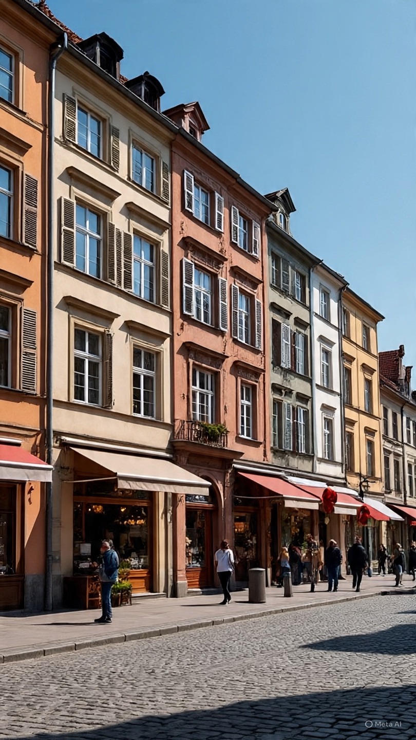 Kolorowe kamienice z oknami i markizami w słoneczny dzień. Brukowana ulica i przechodnie dodają uroku miejskiej scenerii. Architektura Starego Miasta.