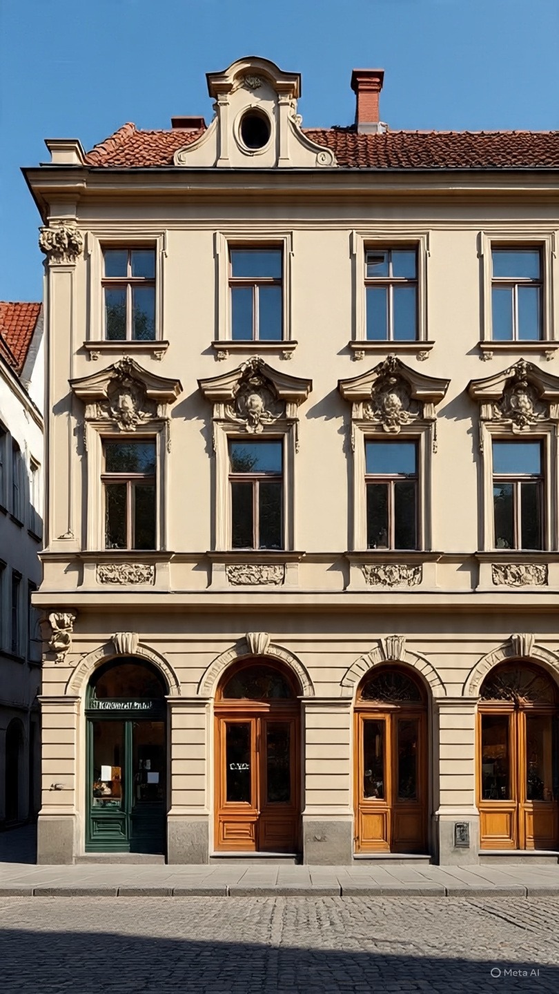 Elewacja kamienicy z ozdobnymi oknami i drzwiami w stylu retro. Jasna fasada, bogate zdobienia, symetryczny układ. Widok na ulicę z kostki brukowej.