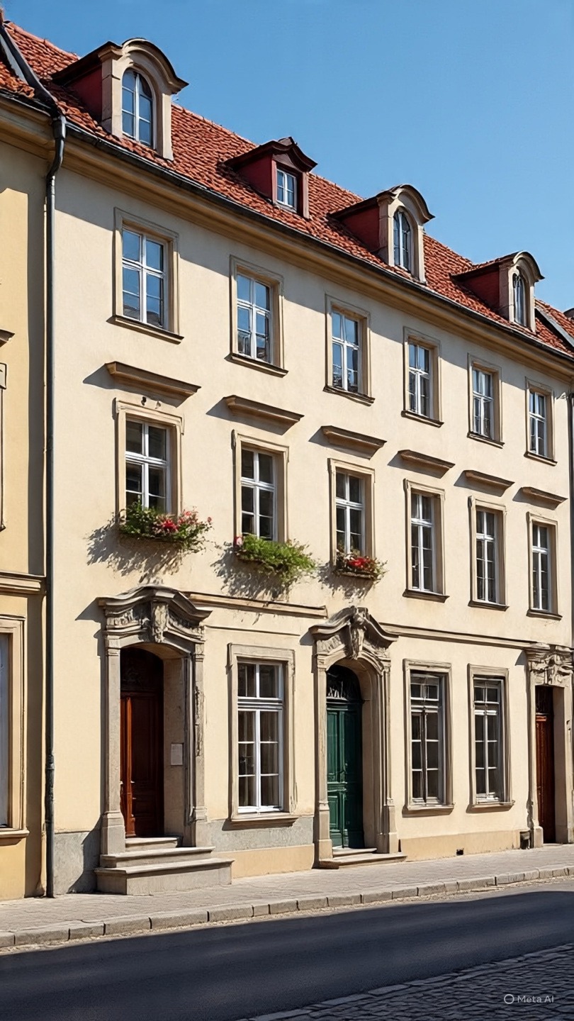 Elewacja kamienicy z czerwonym dachem i oknami z kwiatami. Dwa wejścia z ozdobnymi portalami, jedno z brązowymi drzwiami, drugie z zielonymi. Słoneczny dzień.