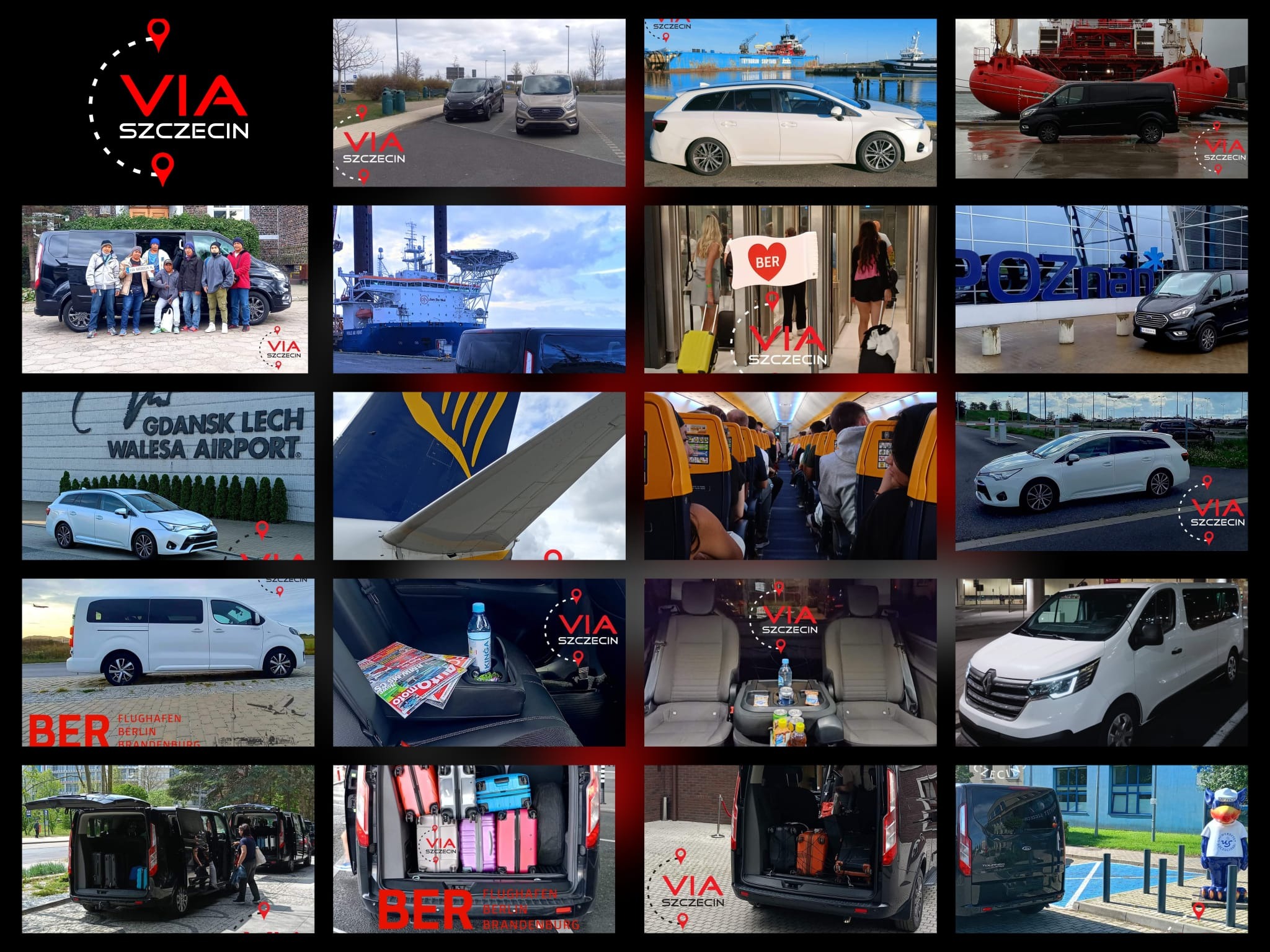 Kolaż zdjęć różnych pojazdów (van, kombi) i sytuacji związanych z transportem, w tym wnętrza pojazdów, bagaże, lotniska (Gdańsk, Poznań, Berlin), wnętrze samolotu, port, oraz logo firmy VIA Szczecin.