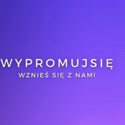 Fioletowe tło z białym tekstem 'WYPROMUJ SIĘ' i 'WZNIEŚ SIĘ Z NAMI' oraz ikoną rakiety startującej w górę.