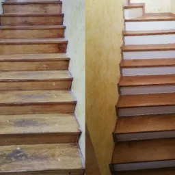 Porównanie drewnianych schodów przed i po renowacji: z lewej strony schody z widocznymi śladami użytkowania, z prawej odnowione schody z białymi podstopnicami, na tle żółtej ściany o nierównej...