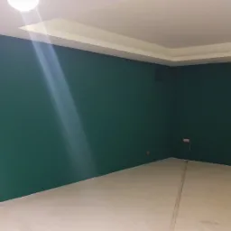 Pokój po malowaniu: ściany w kolorze butelkowej zieleni, jedna ściana z tapetą imitującą regał z książkami, jasna podłoga w trakcie przygotowania, widoczne gniazdka elektryczne.