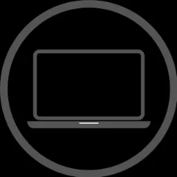 Ikona szarego laptopa z białą kreską w dolnej części obudowy, umieszczona w szarym okręgu na czarnym tle.
