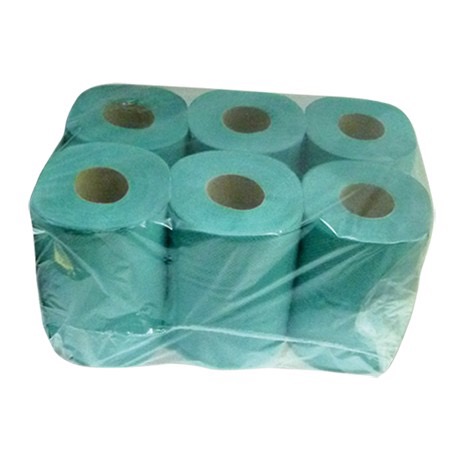 Sześć rolek turkusowego papieru toaletowego w przezroczystym opakowaniu foliowym.