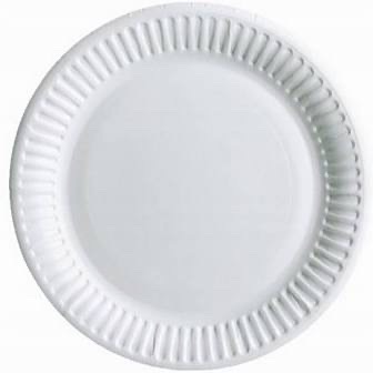 Biały, jednorazowy talerz papierowy z karbowanym brzegiem, widok z góry.