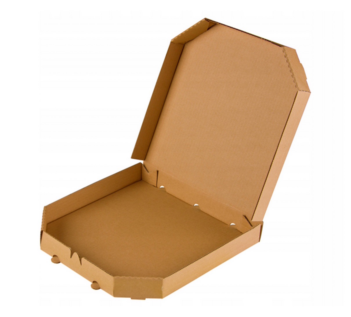 Otwarta, brązowa, tekturowa skrzynka na pizzę na białym tle, widoczne perforacje i zagięcia.