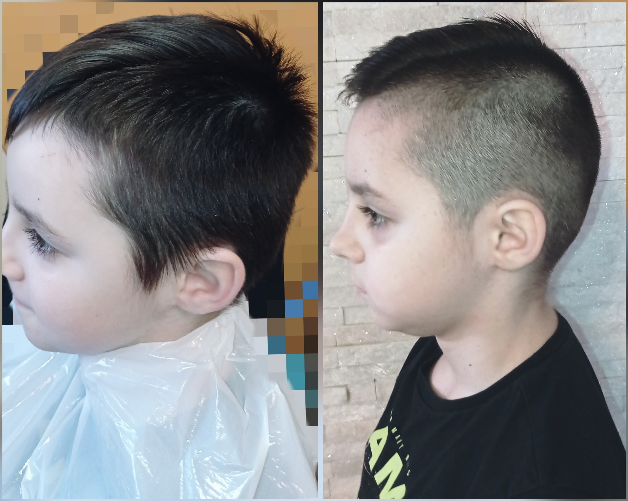 Chłopak przed i po strzyżeniu: po lewej dłuższe włosy, po prawej krótka fryzura z wygolonymi bokami.