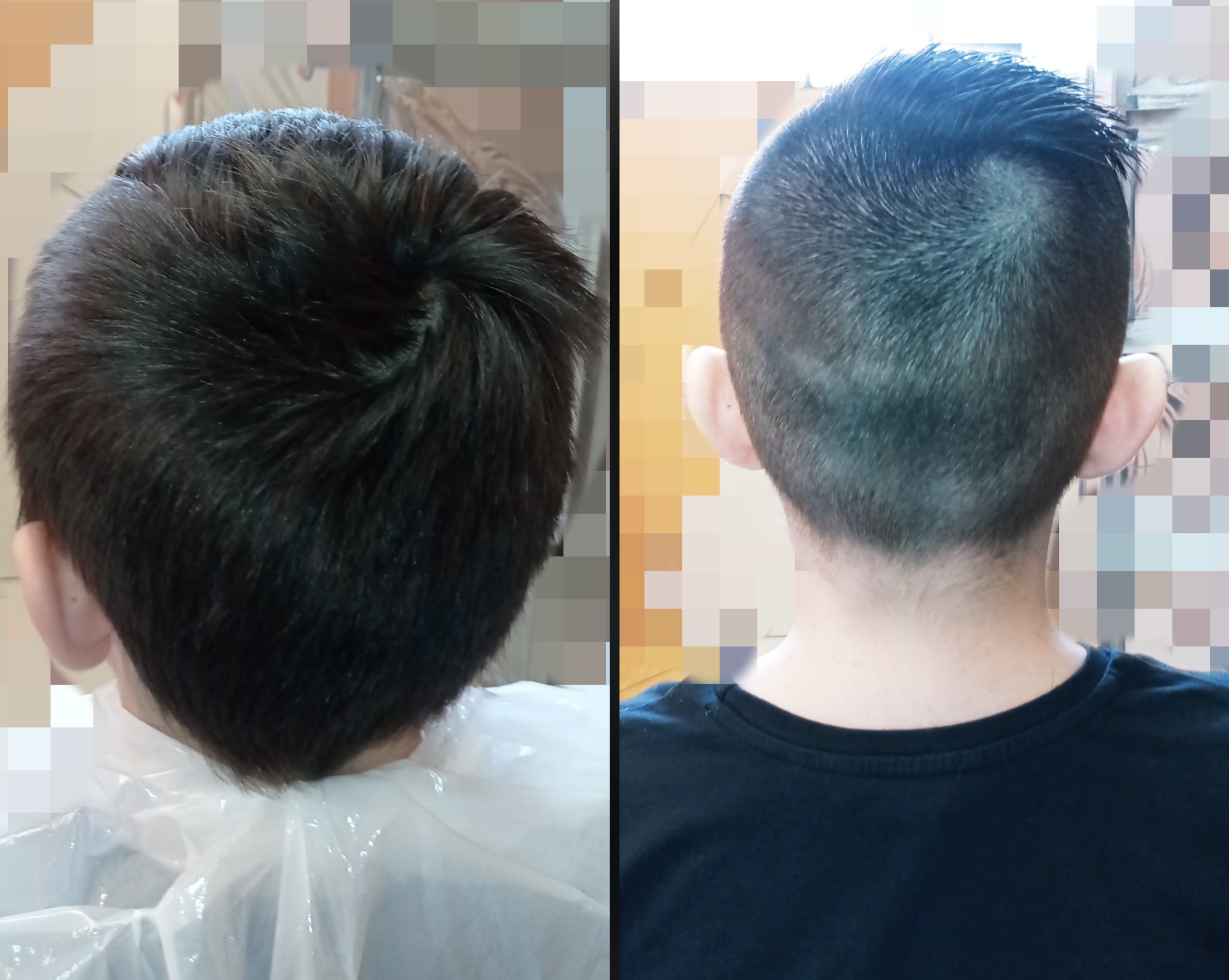 Przed i po strzyżeniu męskim w Nidzicy, widok z tyłu głowy, krótko ostrzyżone włosy z wyraźnie widocznym gradientem długości.