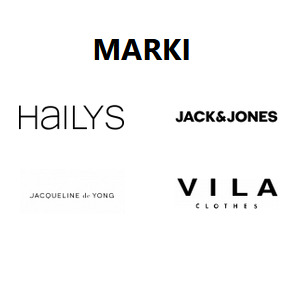 Kolaż logotypów znanych marek odzieżowych: Hailys, Jack&Jones, Jacqueline de Yong, Vila Clothes, Marki. Czarno-białe logo na białym tle.