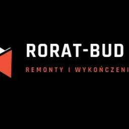 Logo firmy RORAT-BUD z Hrubieszowa, specjalizującej się w remontach i wykończeniach, widoczne na czarnym tle.