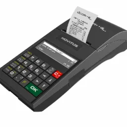 Czarna kasa fiskalna Novitus z wysuniętym paragonem fiskalnym, na którym widnieje logo firmy deon.eLan oraz lista zakupów i suma do zapłaty.