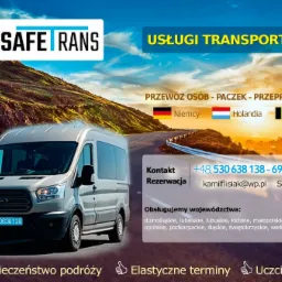 Szary bus Ford Transit z numerem telefonu na tablicy rejestracyjnej na tle górskiego krajobrazu, reklama usług transportowych z flagami Niemiec, Holandii i Belgii.