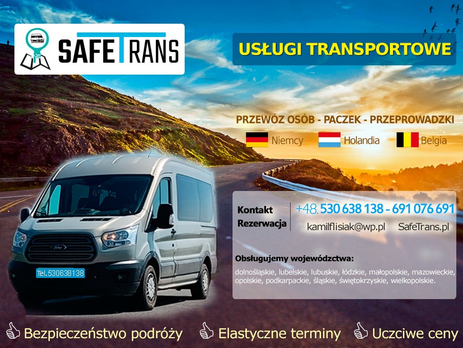 Szary bus Ford Transit z numerem telefonu na tablicy rejestracyjnej na tle górskiego krajobrazu, reklama usług transportowych z flagami Niemiec, Holandii i Belgii.