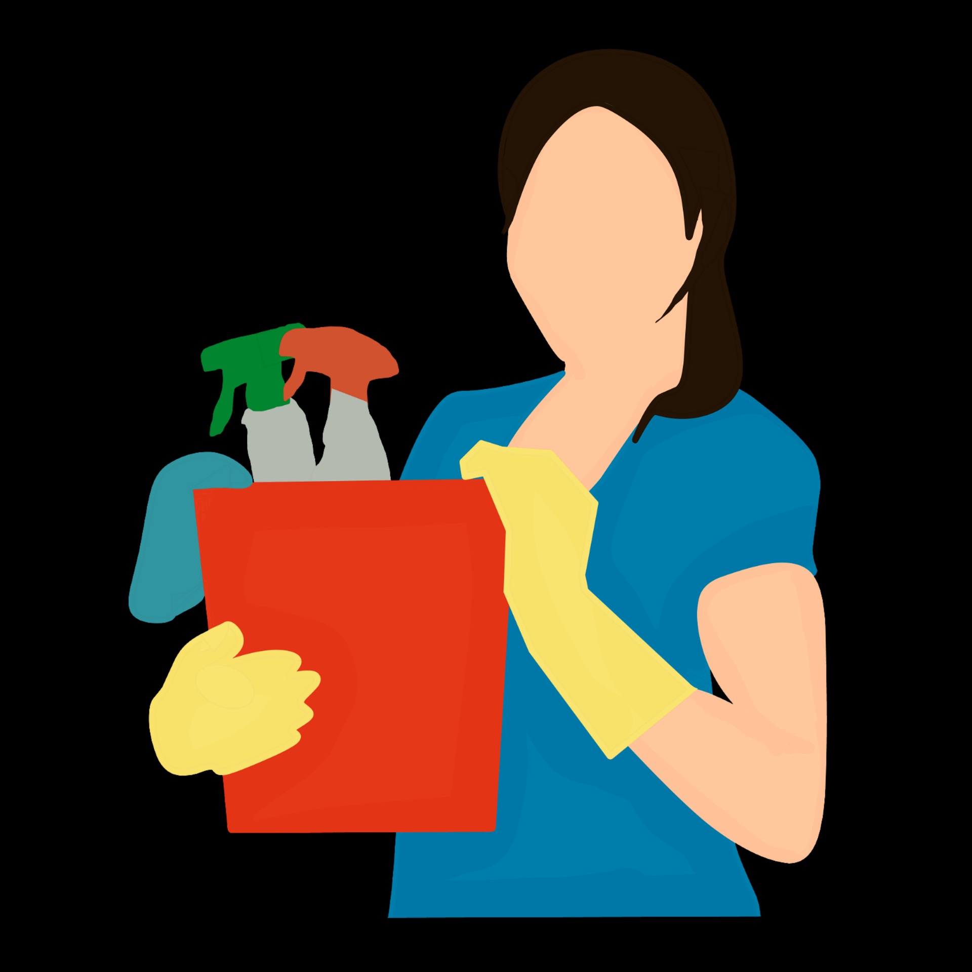 Uproszczona ilustracja osoby w niebieskiej koszulce i żółtych rękawicach, trzymającej czerwony pojemnik z zielonym i pomarańczowym spryskiwaczem oraz niebieską szmatką do czyszczenia.