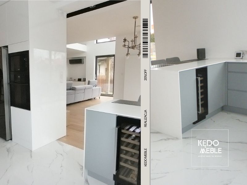 Meble kuchenne uzupełnione zostały o winiarkę - marzenie Pana domu!