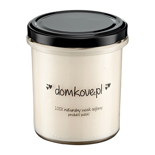 Sojowa świeca zapachowa w szklanym słoiku z czarną pokrywką, oznaczona napisem 'domkove.pl' i informacją '100% naturalny wosk sojowy, produkt polski', oferowana w Warszawie.