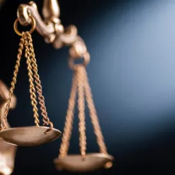 Złote wagi Temidy, symbol sprawiedliwości, z rozmytym, ciemnym tłem i punktowym światłem, podkreślającym detale łańcuszków i szal.